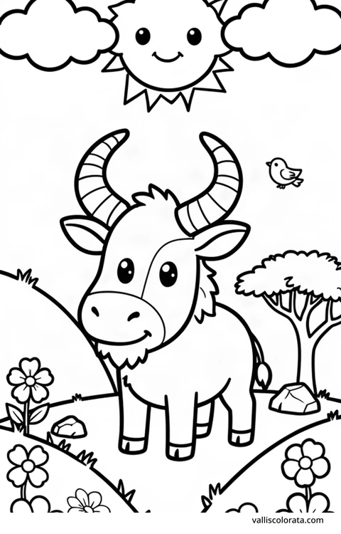 Color a cheerful wildebeest in a simple nature scene. A free Kawaii L1 page with open coloring spaces. Download an A4 PDF or branded PNG.