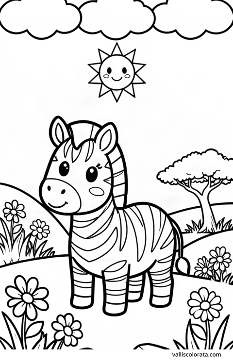 Color a cheerful zebra in a simple nature scene. A free Kawaii L1 page with open coloring spaces. Download an A4 PDF or branded PNG.
