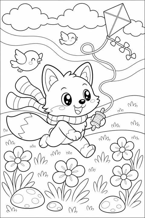 A kitten runs through a flower-filled meadow beneath a kite and small birds.