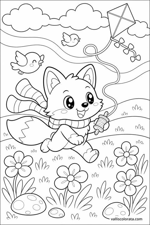 A kitten runs through a flower-filled meadow beneath a kite and small birds.
