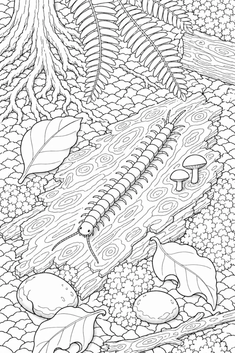 A centipede crosses a textured log among ferns, fallen leaves, stones and mushrooms.
