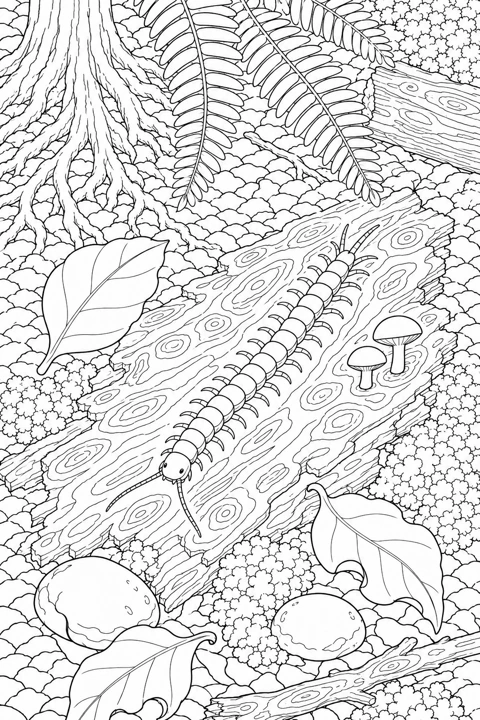 An alternate centipede illustration with a segmented body on a woodland log, surrounded by plants and stones.