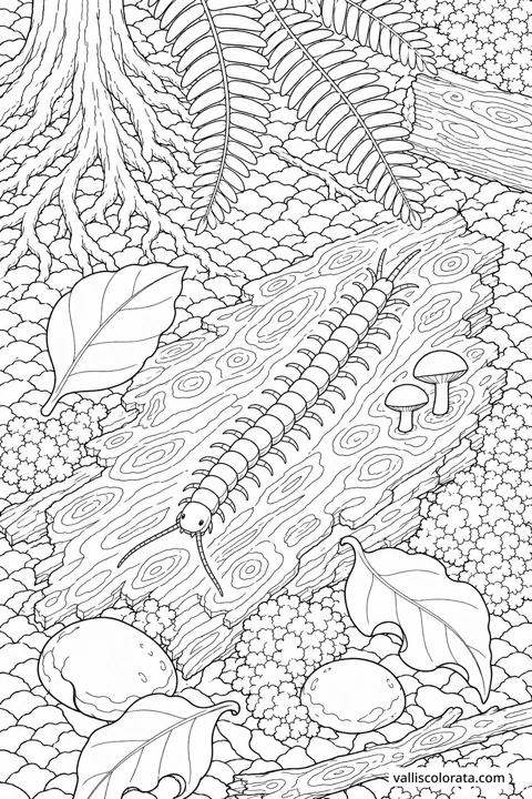Druga ilustracija stonoge sa segmentiranim tijelom na šumskom deblu, okružene biljem i kamenjem.