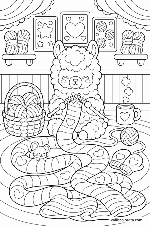 A llama knits in a craft room with baskets of yarn, a cozy armchair and a sleeping cat.