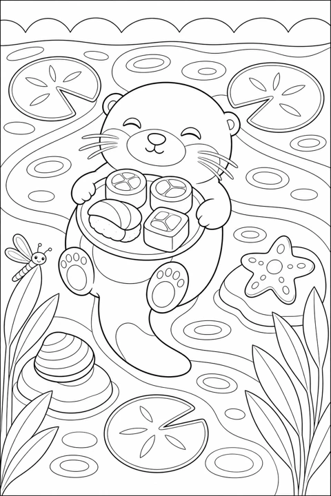 An otter floats among lily pads with a tray of tea and treats resting on its belly.
