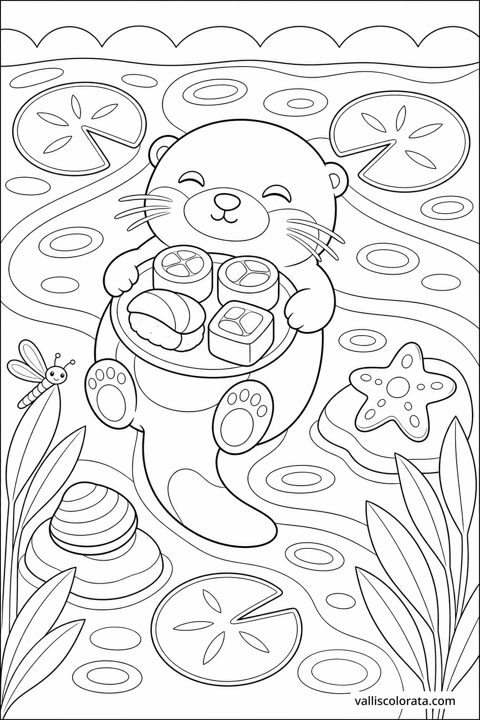 An otter floats among lily pads with a tray of tea and treats resting on its belly.