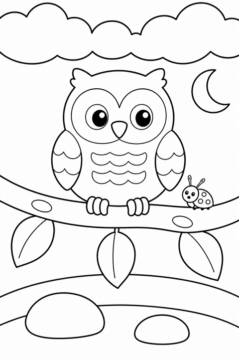 An owl perches on a branch with three leaves, beneath cloud banks and a crescent moon.