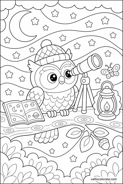 A bundled-up owl looks through a telescope under a starry sky, with a lantern nearby.