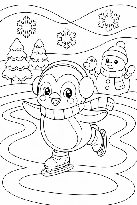 A penguin skates on a frozen pond among snowy trees, snowflakes and a snowman.
