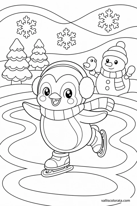 A penguin skates on a frozen pond among snowy trees, snowflakes and a snowman.