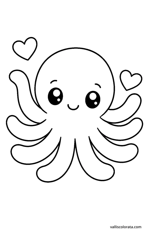 Waving octopus in a playful Pop Kawai design. An easy L1 coloring page with bold black outlines, spacious white areas and no shading.