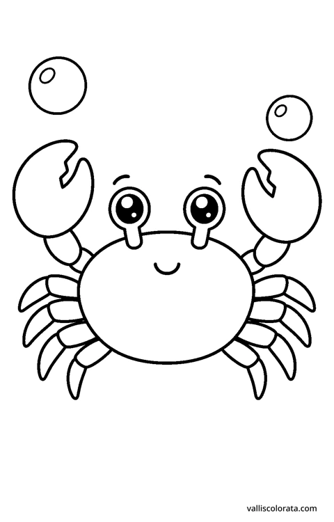 Little crab in a playful Pop Kawai design. An easy L1 coloring page with bold black outlines, spacious white areas and no shading.