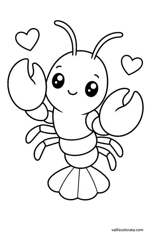 Friendly lobster in a playful Pop Kawai design. An easy L1 coloring page with bold black outlines, spacious white areas and no shading.