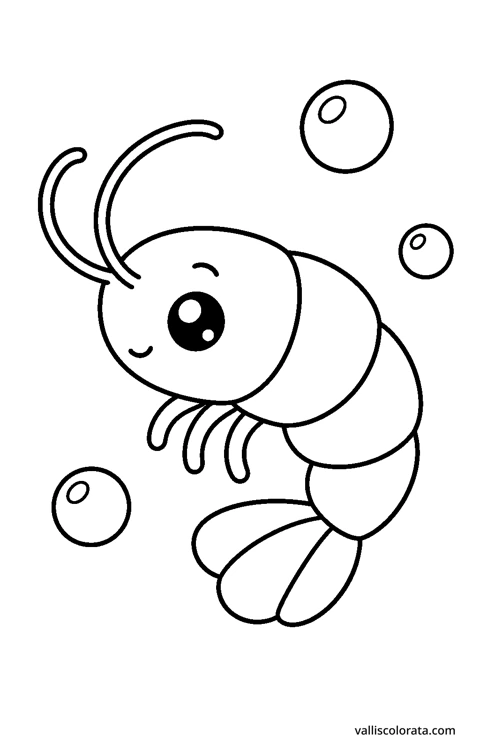 Curled shrimp in a playful Pop Kawai design. An easy L1 coloring page with bold black outlines, spacious white areas and no shading.