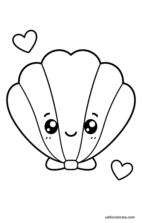 Scallop shell in a playful Pop Kawai design. An easy L1 coloring page with bold black outlines, spacious white areas and no shading.