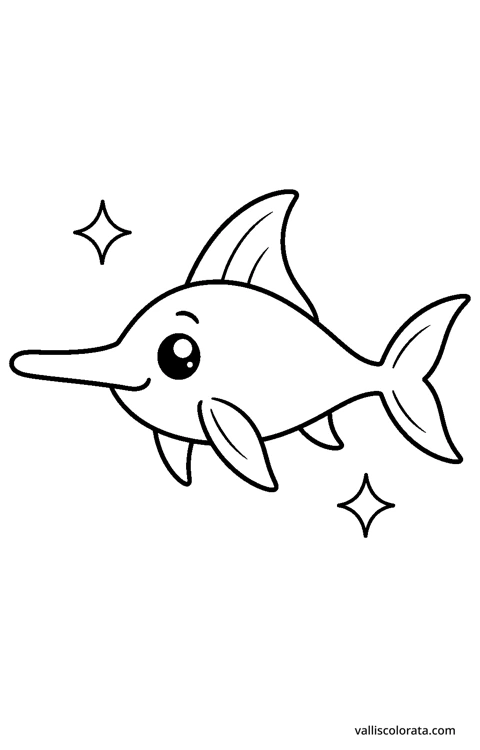 Little swordfish in a playful Pop Kawai design. An easy L1 coloring page with bold black outlines, spacious white areas and no shading.