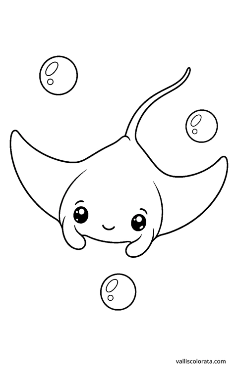 Manta ray in a playful Pop Kawai design. An easy L1 coloring page with bold black outlines, spacious white areas and no shading.