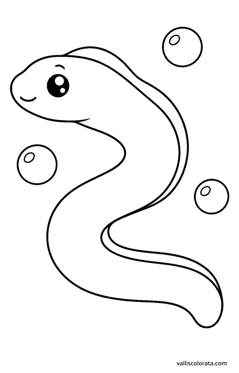 Curled moray eel in a playful Pop Kawai design. An easy L1 coloring page with bold black outlines, spacious white areas and no shading.