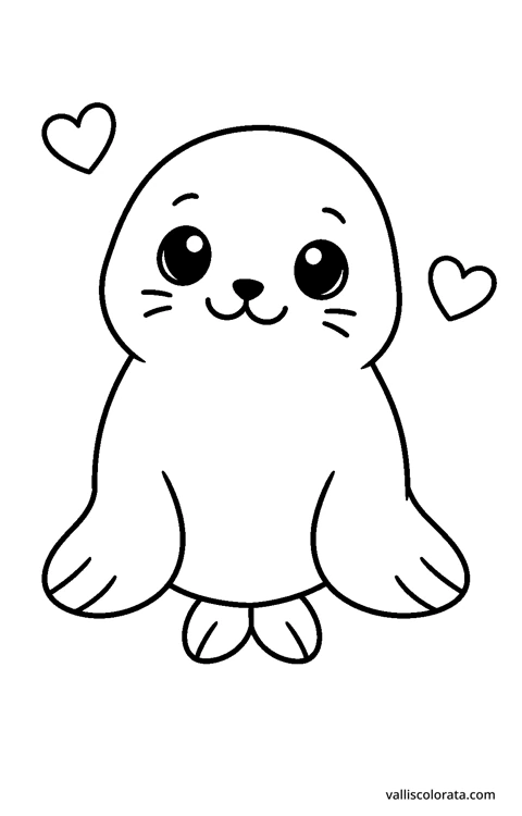 Baby seal in a playful Pop Kawai design. An easy L1 coloring page with bold black outlines, spacious white areas and no shading.