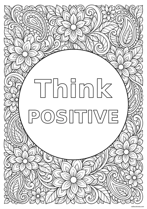 Think Positive (English lettering). A Affirmation Doodles coloring page from Positive Moments. Download the branded PNG or A4 PDF.