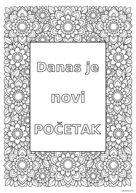 Today Is a Fresh Start (Croatian lettering). A Affirmation Doodles coloring page from Positive Moments. Download the branded PNG or A4 PDF.