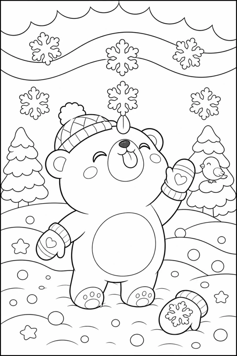 A polar bear wears a scarf in a snowy forest, with mittens, snowflakes and evergreen trees.