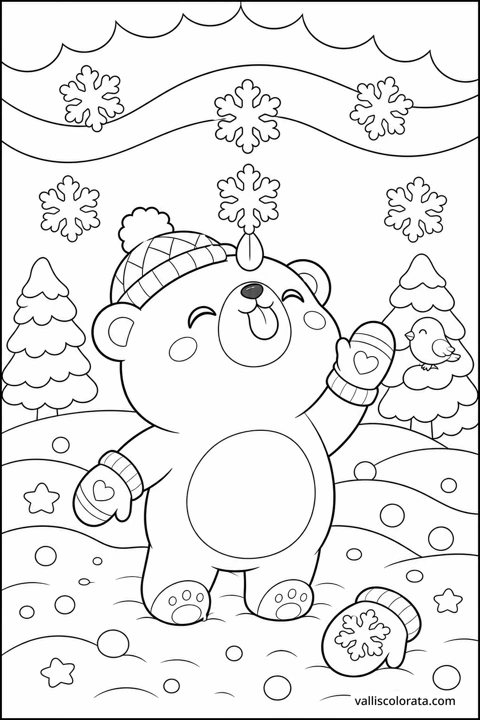 A polar bear wears a scarf in a snowy forest, with mittens, snowflakes and evergreen trees.