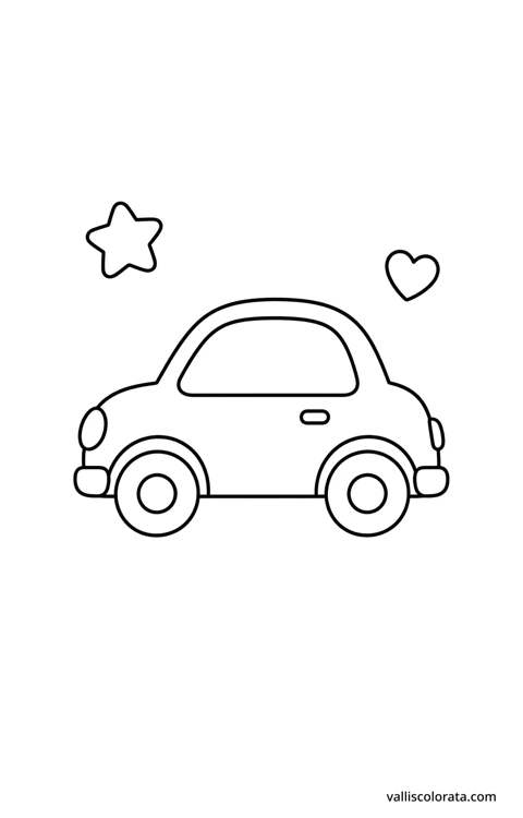Mali automobil u jednostavnom crtežu s velikim bijelim prostorima za bojenje, obrisom zvijezde i srca.