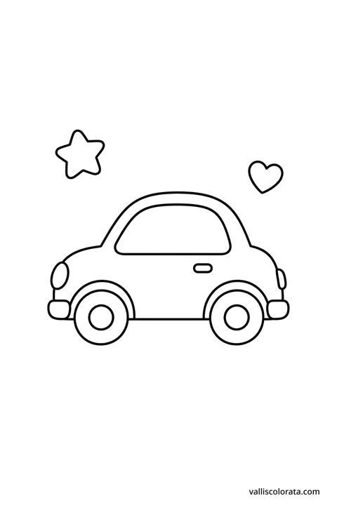 Little compact car with rounded shapes, large white coloring spaces, an outlined star and heart.