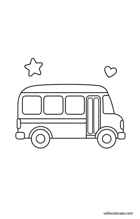Školski autobus u jednostavnom crtežu s velikim bijelim prostorima za bojenje, obrisom zvijezde i srca.