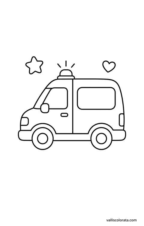 Ambulance with rounded shapes, large white coloring spaces, an outlined star and heart.