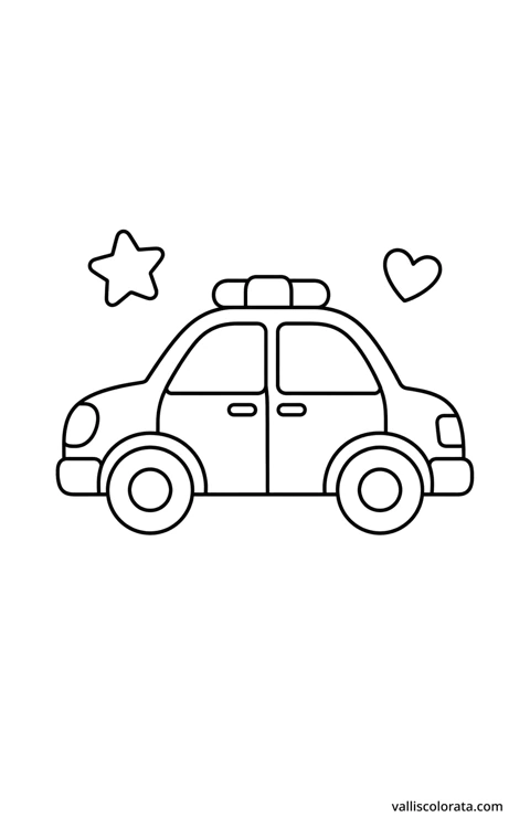 Policijski automobil u jednostavnom crtežu s velikim bijelim prostorima za bojenje, obrisom zvijezde i srca.