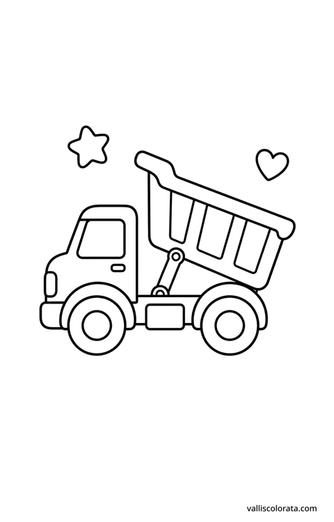 Dump truck with rounded shapes, large white coloring spaces, an outlined star and heart.