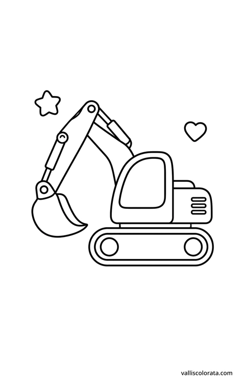 Excavator with rounded shapes, large white coloring spaces, an outlined star and heart.