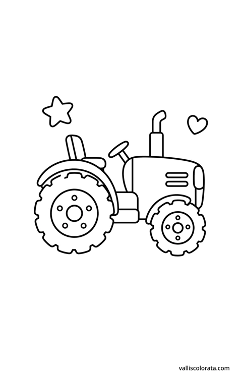 Traktor u jednostavnom crtežu s velikim bijelim prostorima za bojenje, obrisom zvijezde i srca.