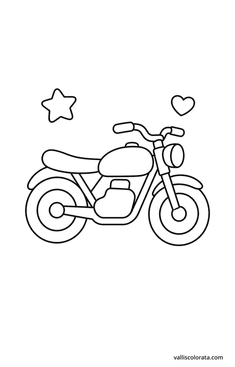 Motocikl u jednostavnom crtežu s velikim bijelim prostorima za bojenje, obrisom zvijezde i srca.