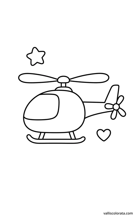Helikopter u jednostavnom crtežu s velikim bijelim prostorima za bojenje, obrisom zvijezde i srca.
