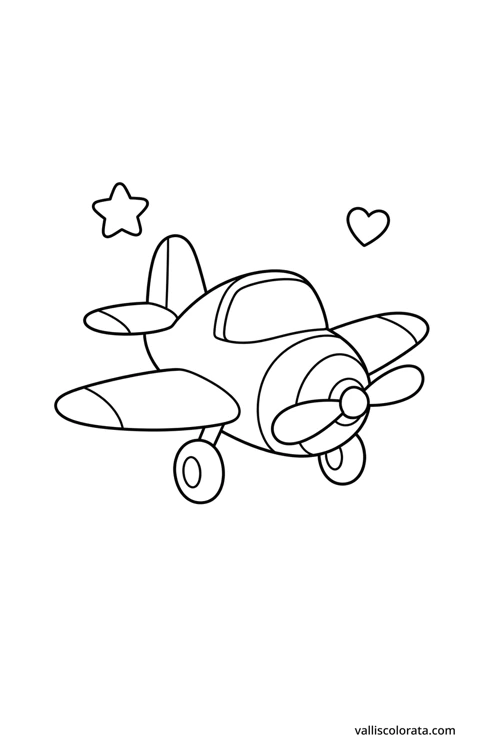 Little airplane with rounded shapes, large white coloring spaces, an outlined star and heart.