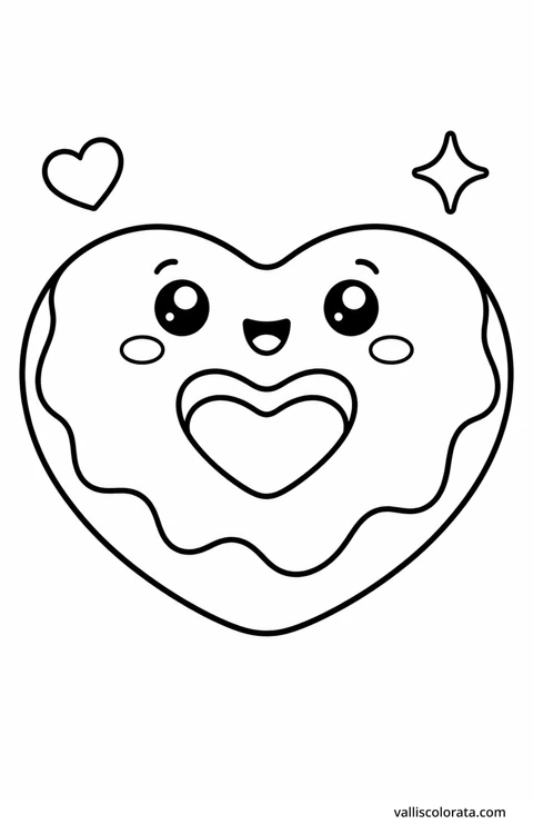 Color heart-shaped doughnut in a cheerful Pop Kawai design. Bold outlines, simple shapes and roomy coloring areas make this L1 page a relaxing little project.