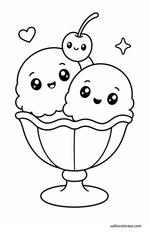 Color ice-cream sundae in a cheerful Pop Kawai design. Bold outlines, simple shapes and roomy coloring areas make this L1 page a relaxing little project.