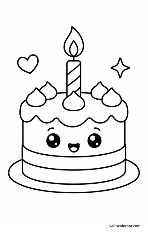 Color little birthday cake in a cheerful Pop Kawai design. Bold outlines, simple shapes and roomy coloring areas make this L1 page a relaxing little project.