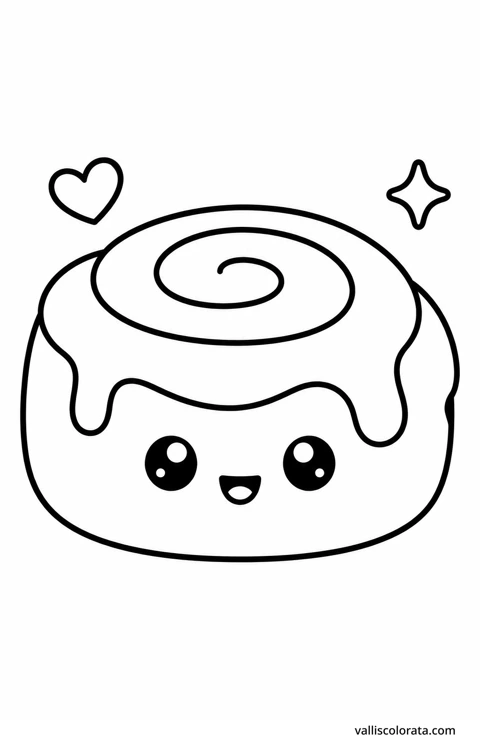 Color cinnamon roll in a cheerful Pop Kawai design. Bold outlines, simple shapes and roomy coloring areas make this L1 page a relaxing little project.