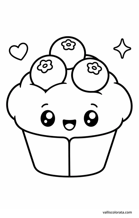 Color blueberry muffin in a cheerful Pop Kawai design. Bold outlines, simple shapes and roomy coloring areas make this L1 page a relaxing little project.