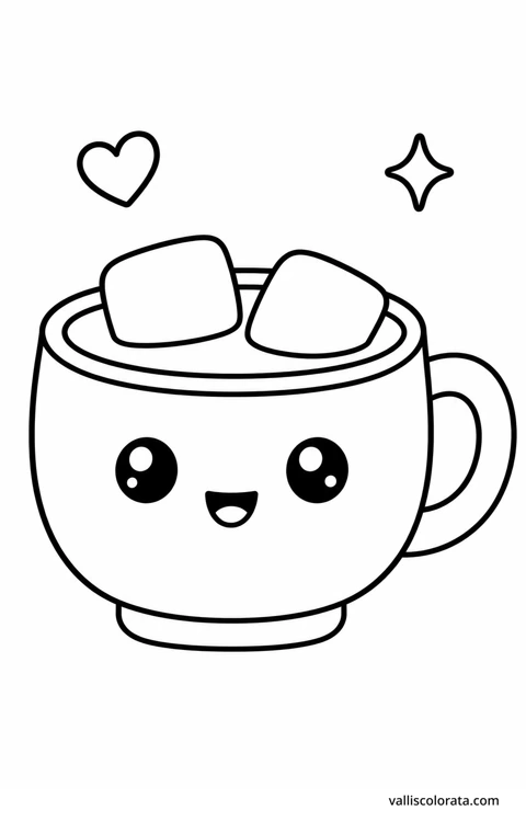 Color hot chocolate with marshmallows in a cheerful Pop Kawai design. Bold outlines, simple shapes and roomy coloring areas make this L1 page a relaxing little project.