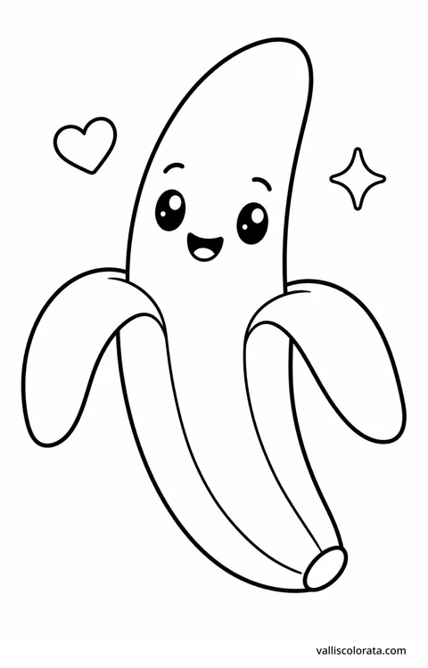 Color smiling banana in a cheerful Pop Kawai design. Bold outlines, simple shapes and roomy coloring areas make this L1 page a relaxing little project.