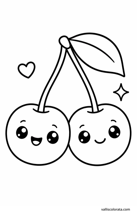 Color pair of cherries in a cheerful Pop Kawai design. Bold outlines, simple shapes and roomy coloring areas make this L1 page a relaxing little project.