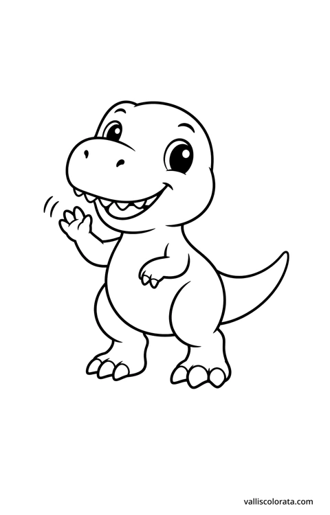 T. rex waving. A simple Pop Kawai L1 dinosaur coloring page with bold black outlines, large white spaces and no scenery.