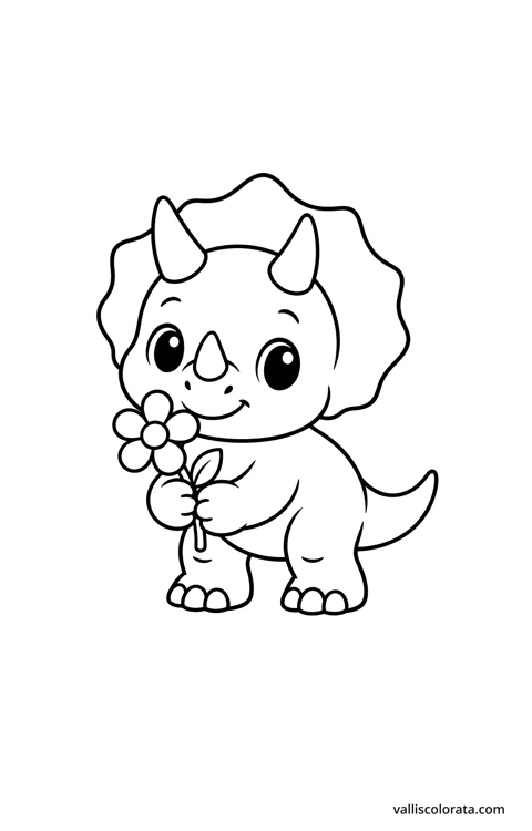 Triceratops holding a flower. A simple Pop Kawai L1 dinosaur coloring page with bold black outlines, large white spaces and no scenery.