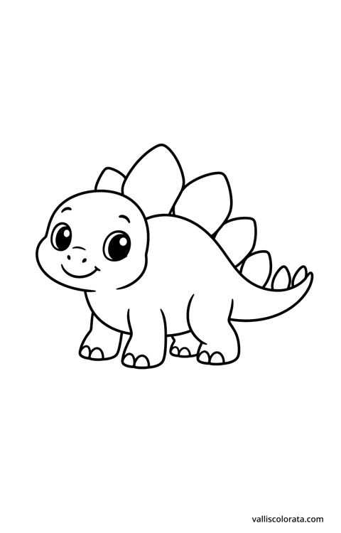 Smiling stegosaurus. A simple Pop Kawai L1 dinosaur coloring page with bold black outlines, large white spaces and no scenery.