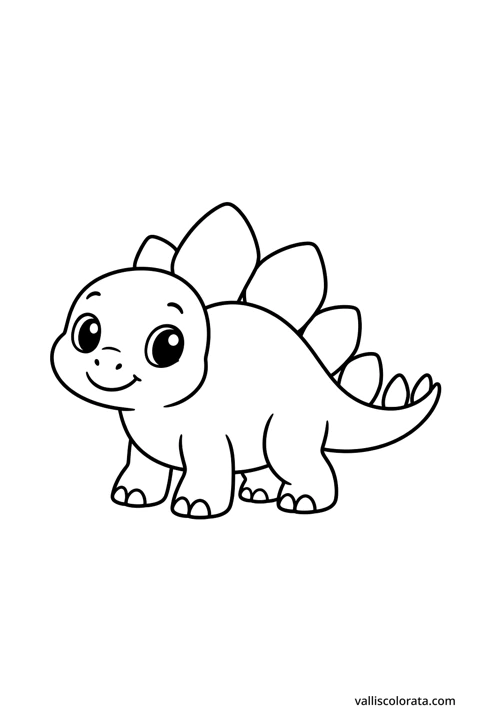 Nasmiješeni stegosaur. Jednostavna bojanka Pop Kawai L1 s jasnim crnim obrisima, velikim bijelim prostorima i bez pozadine.